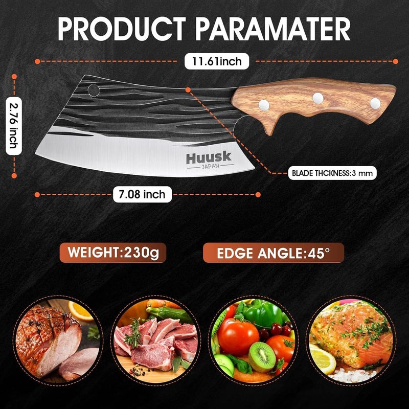 Huusk Butcher Knives for Meat Cutting, Hand Forged Meat Cleaver Knife Full Tang High Carbon Steel Chef Knives Heavy Duty Butcher Knife for Camping, BBQ, Gift for Men and Women - Image 5